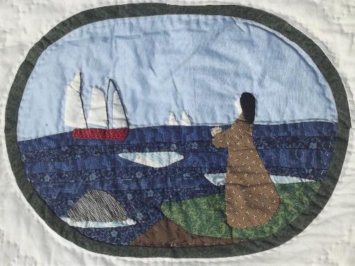 photo of cotton applique quilt bedspread w/ old time Maine scenes, vintage LL Bean #10