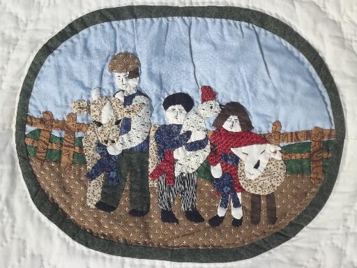 photo of cotton applique quilt bedspread w/ old time Maine scenes, vintage LL Bean #11