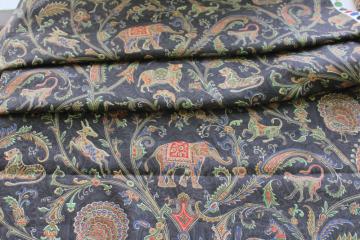 catalog photo of cotton decorator fabric vintage boho style, Indian paisley print animals on black