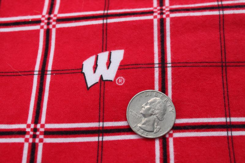 photo of cotton flannel fabric for Badgers fan, UW University of Wisconsin W logo red & white #2