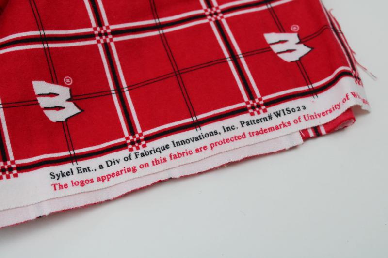 photo of cotton flannel fabric for Badgers fan, UW University of Wisconsin W logo red & white #3