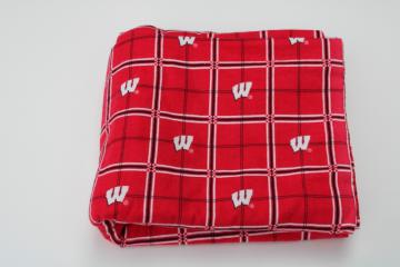 catalog photo of cotton flannel fabric for Badgers fan, UW University of Wisconsin W logo red & white