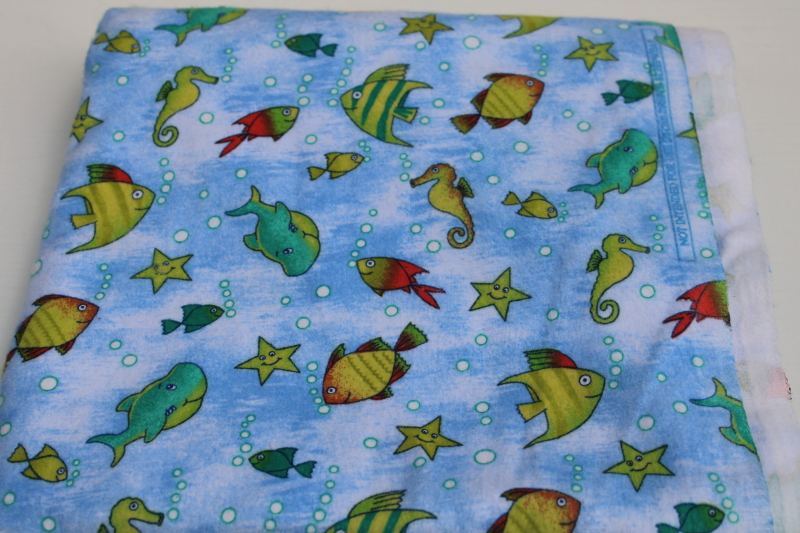 photo of cotton flannel fabric w/ funny fish print, smiling starfish, whales under the sea #1