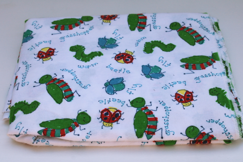 photo of cotton flannel fabric w/ whimsical bugs print, child like drawings of worms, grasshoppers, beetles #1
