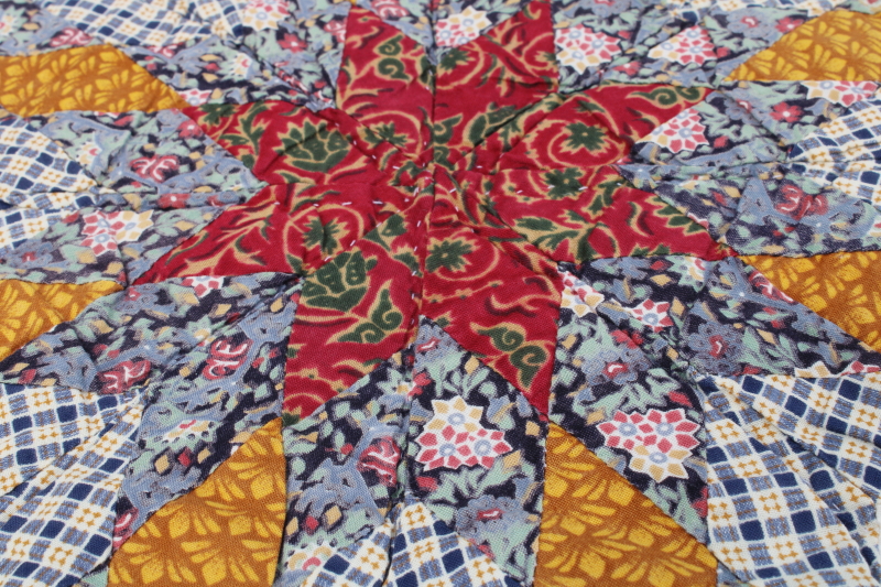 photo of cotton patchwork quilt eight pointed stars dark blue, barn red, yellow gold prints on white  #7