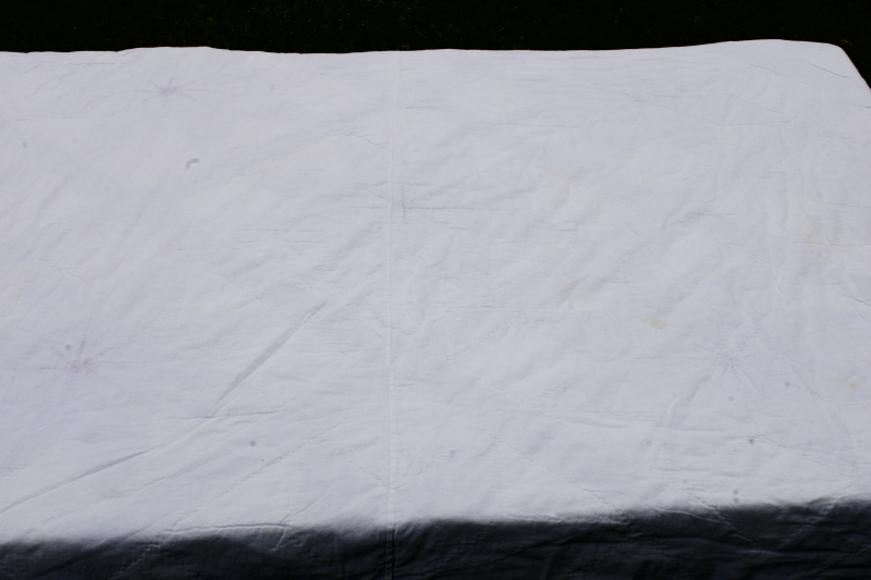 photo of cotton patchwork quilt eight pointed stars dark blue, barn red, yellow gold prints on white  #10