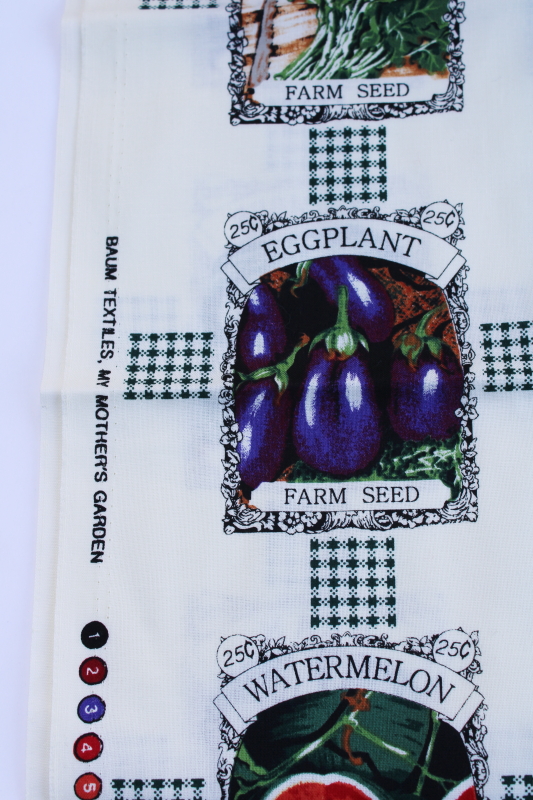 photo of cotton quilting fabric, old fashioned garden seed packets print, vegetable seeds #2