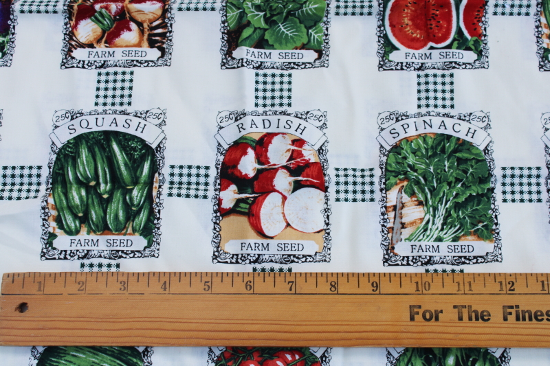 photo of cotton quilting fabric, old fashioned garden seed packets print, vegetable seeds #3