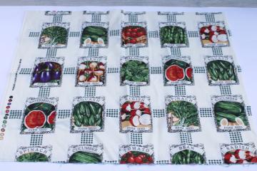 catalog photo of cotton quilting fabric, old fashioned garden seed packets print, vegetable seeds 
