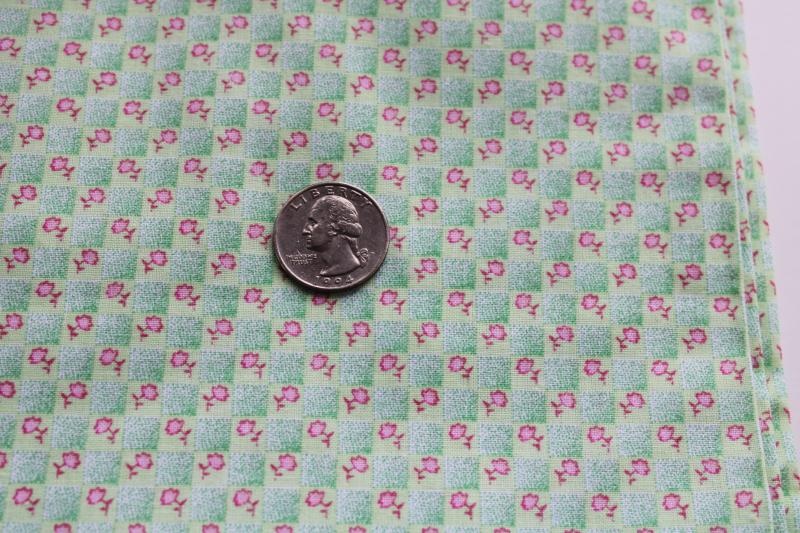 photo of cotton quilting fabric, tiny pink flowers print on jade green checks #1