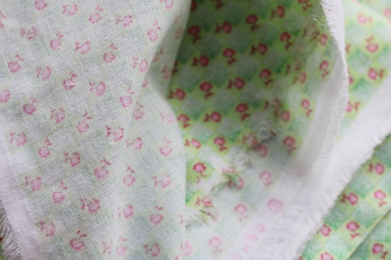 photo of cotton quilting fabric, tiny pink flowers print on jade green checks #2