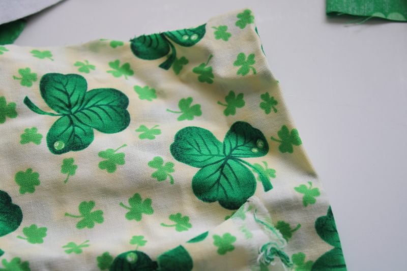 photo of cotton scrap fabric lot St Patricks day prints, all green lucky clover shamrocks & Snoopy #4