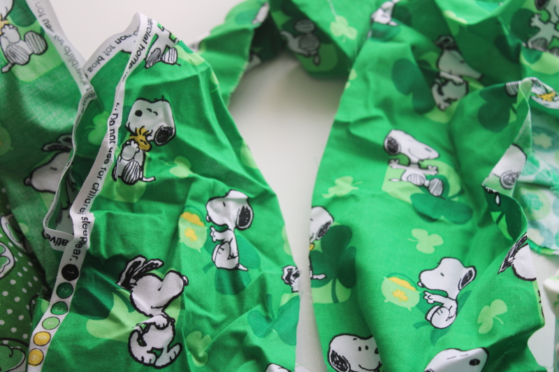 photo of cotton scrap fabric lot St Patricks day prints, all green lucky clover shamrocks & Snoopy #5