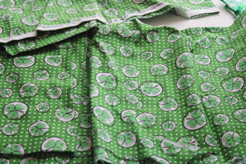 photo of cotton scrap fabric lot St Patricks day prints, all green lucky clover shamrocks & Snoopy #6