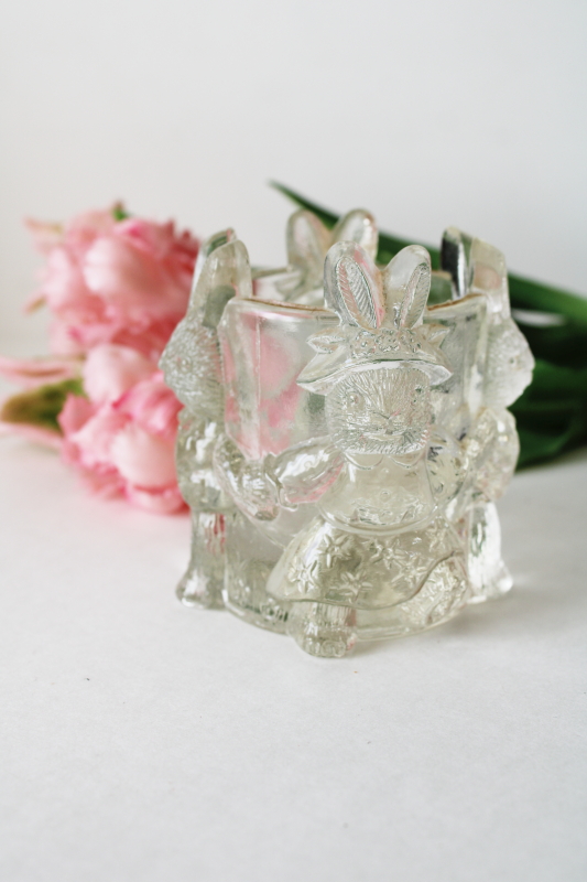 photo of country bunnies clear glass candle votive holder, spring garden bunny rabbits in clothes  #1