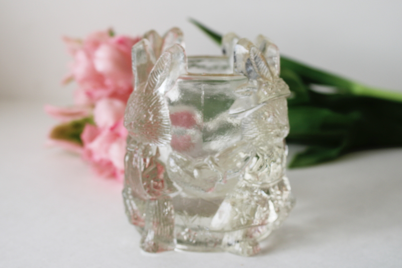 photo of country bunnies clear glass candle votive holder, spring garden bunny rabbits in clothes  #2