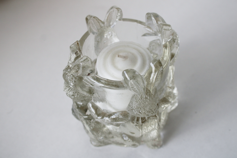 photo of country bunnies clear glass candle votive holder, spring garden bunny rabbits in clothes  #3