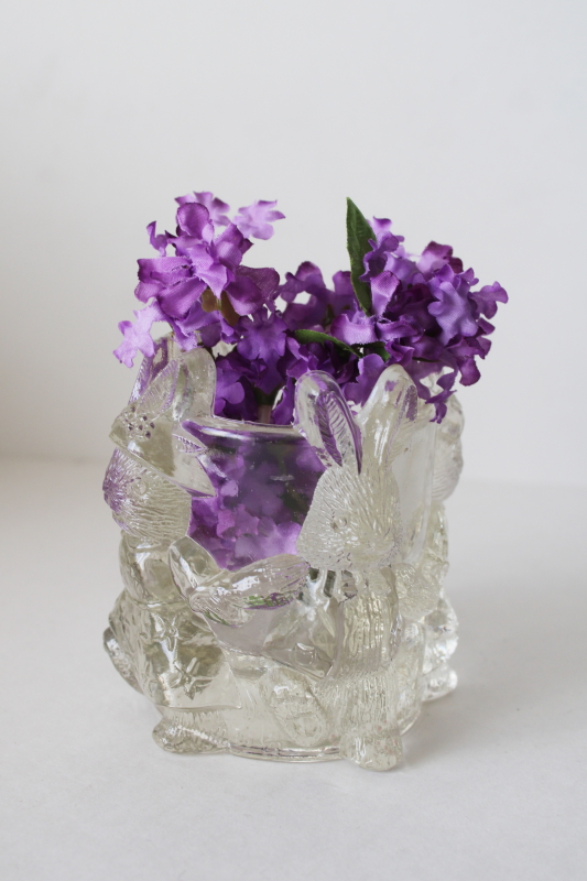 photo of country bunnies clear glass candle votive holder, spring garden bunny rabbits in clothes  #4