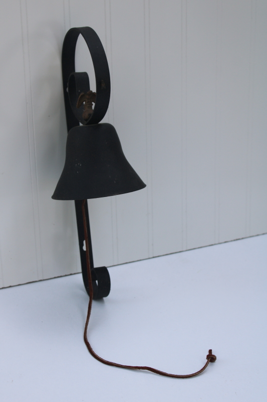 photo of country farmhouse ranch doorbell dinner bell, vintage black iron wall mount bell with pull cord #1