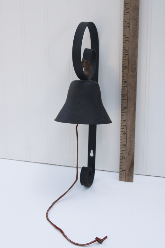 photo of country farmhouse ranch doorbell dinner bell, vintage black iron wall mount bell with pull cord #4