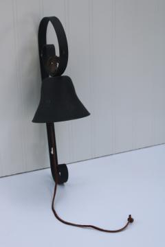 catalog photo of country farmhouse ranch doorbell dinner bell, vintage black iron wall mount bell with pull cord