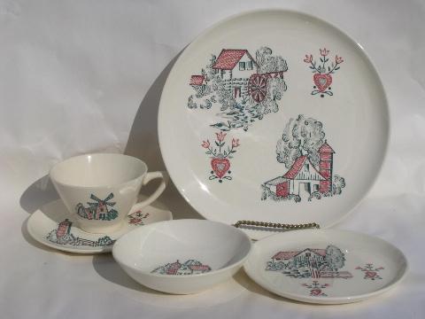 photo of country folk old-fashioned farm scenes dishes for 12, vintage Stetson / Marcrest #2