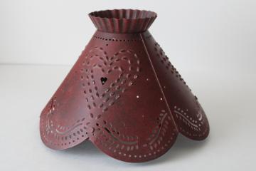 country hearts punched tin lampshade, vintage barn red tole metal shade cottagecore primitive 