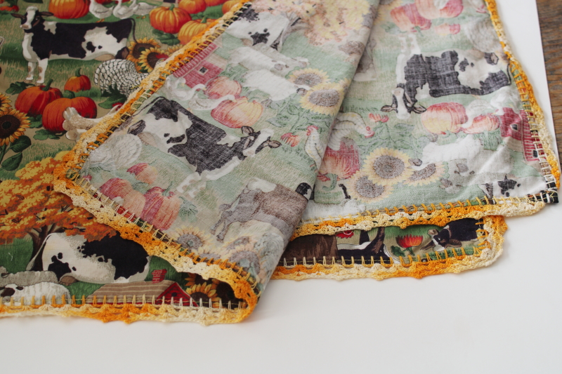 photo of country kitchen cotton tablecloth w/ crochet edging, red barns, cows, sunflowers print fabric  #2