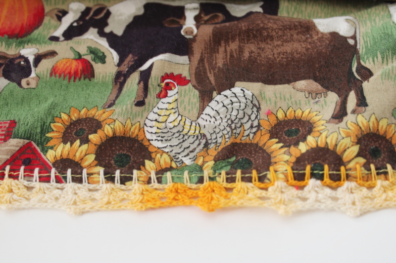 photo of country kitchen cotton tablecloth w/ crochet edging, red barns, cows, sunflowers print fabric  #4