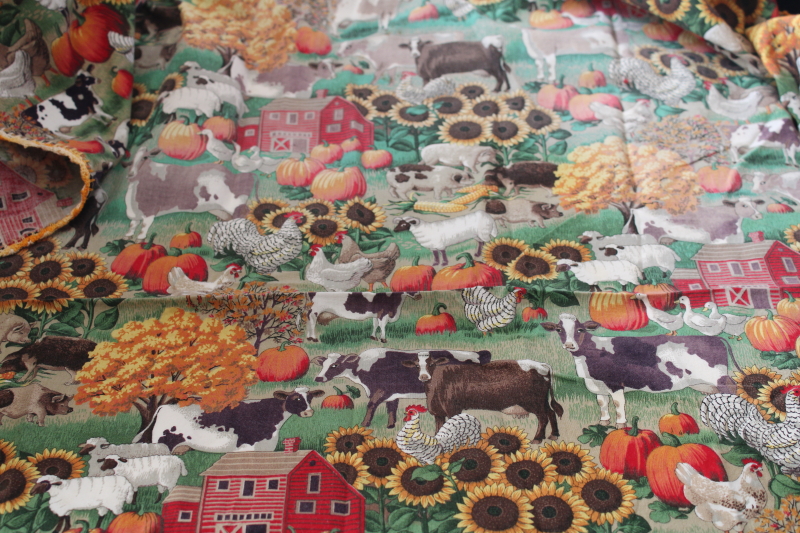 photo of country kitchen cotton tablecloth w/ crochet edging, red barns, cows, sunflowers print fabric  #5