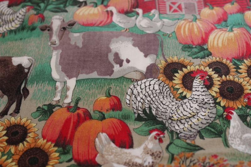 photo of country kitchen cotton tablecloth w/ crochet edging, red barns, cows, sunflowers print fabric  #6