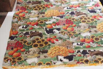 catalog photo of country kitchen cotton tablecloth w/ crochet edging, red barns, cows, sunflowers print fabric 