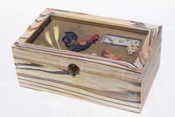 catalog photo of country kitchen hen & rooster rustic wood storage box for recipes etc.