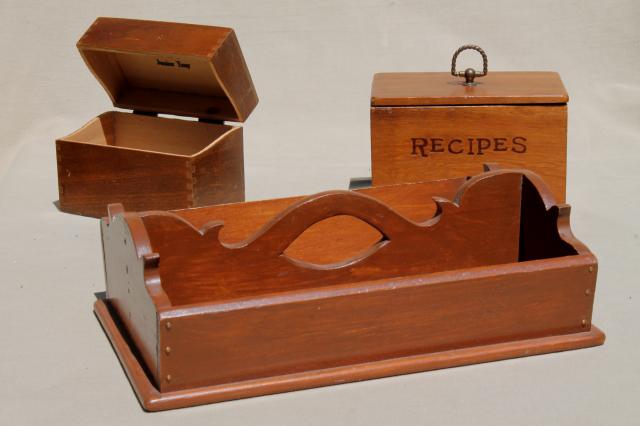 photo of country kitchen vintage pine wood recipe boxes & wooden knife box carrier tray #1