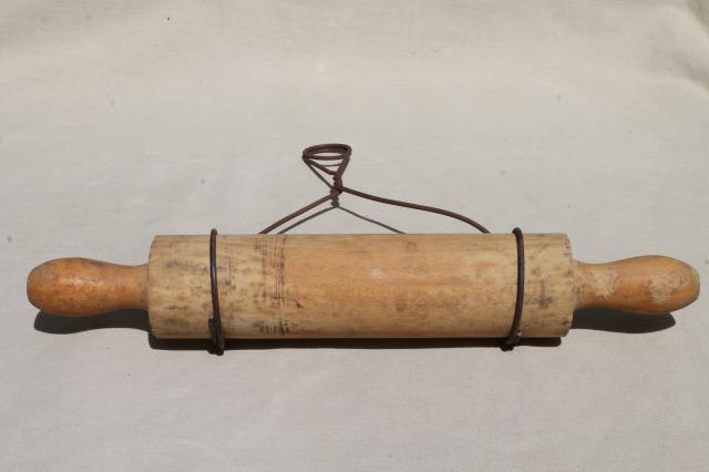 photo of country primitive antique wood rolling pin in rustic old wire wall holder rack #6