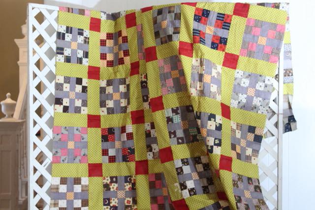 photo of country primitive old antique patchwork quilt top, red yellow blue print cotton fabric blocks #1