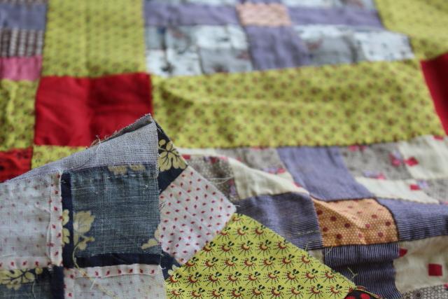 photo of country primitive old antique patchwork quilt top, red yellow blue print cotton fabric blocks #2