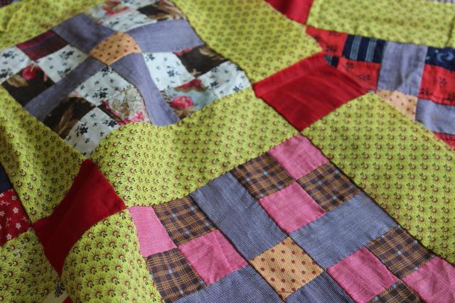 photo of country primitive old antique patchwork quilt top, red yellow blue print cotton fabric blocks #3