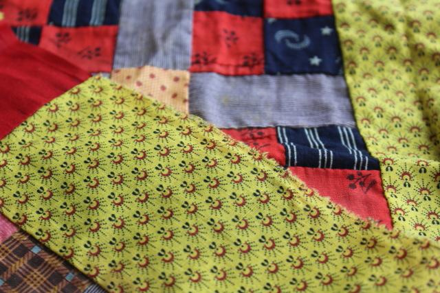 photo of country primitive old antique patchwork quilt top, red yellow blue print cotton fabric blocks #4