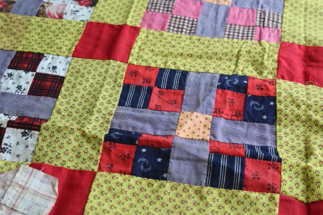 photo of country primitive old antique patchwork quilt top, red yellow blue print cotton fabric blocks #5