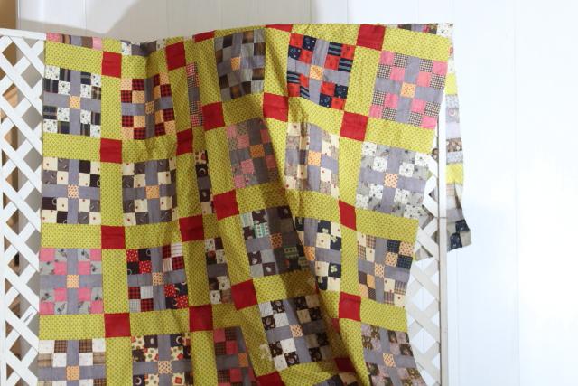 photo of country primitive old antique patchwork quilt top, red yellow blue print cotton fabric blocks #7