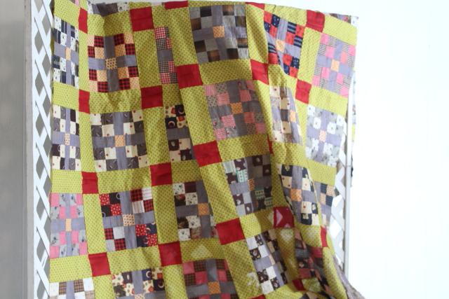 photo of country primitive old antique patchwork quilt top, red yellow blue print cotton fabric blocks #8