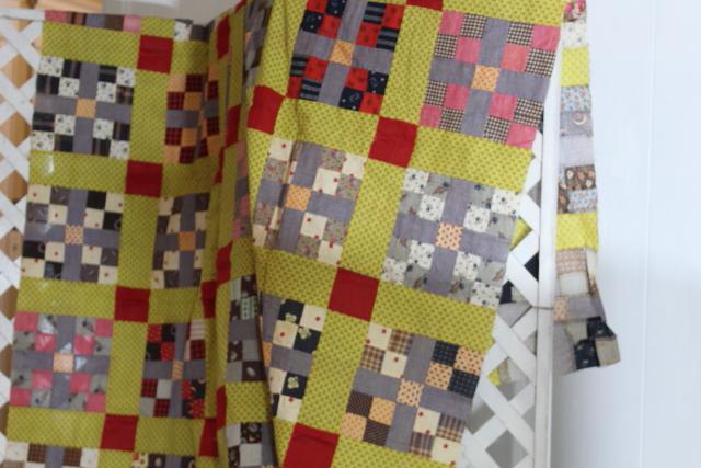 photo of country primitive old antique patchwork quilt top, red yellow blue print cotton fabric blocks #9