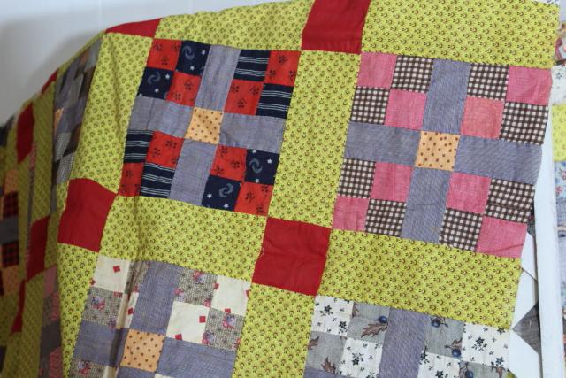 photo of country primitive old antique patchwork quilt top, red yellow blue print cotton fabric blocks #10