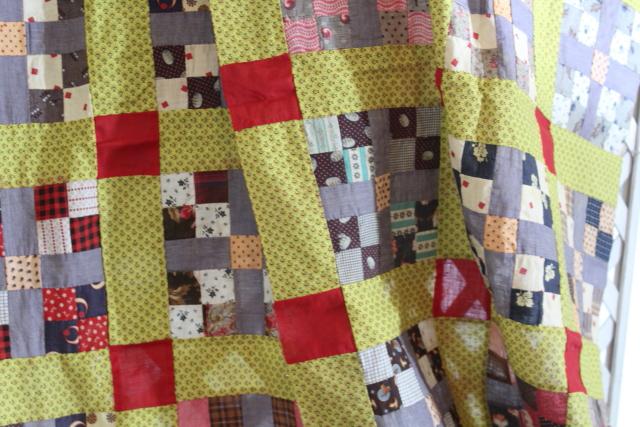 photo of country primitive old antique patchwork quilt top, red yellow blue print cotton fabric blocks #11