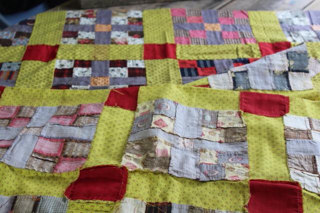 photo of country primitive old antique patchwork quilt top, red yellow blue print cotton fabric blocks #12