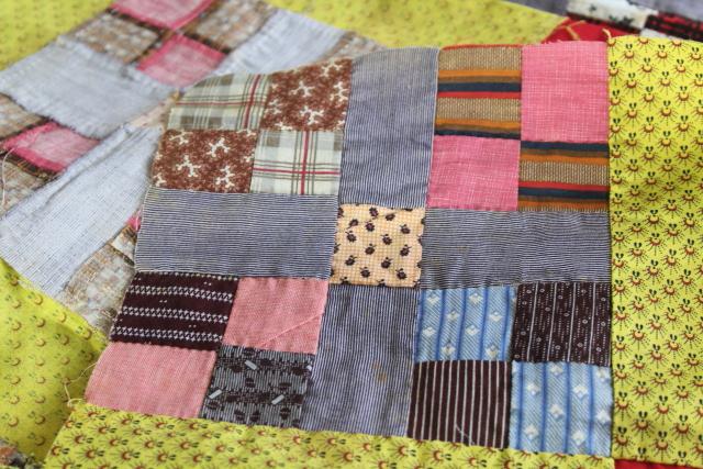 photo of country primitive old antique patchwork quilt top, red yellow blue print cotton fabric blocks #14