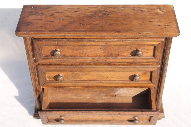 photo of country primitive pine wood jewelry box, small chest of drawers, vintage doll dresser #8