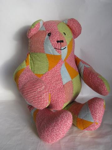 photo of country primitive stuffed toy teddy bear, made from antique vintage quilt #1