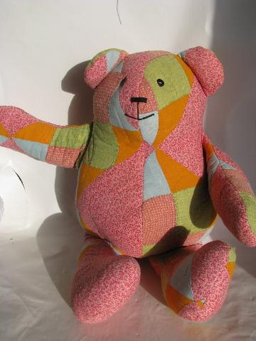 photo of country primitive stuffed toy teddy bear, made from antique vintage quilt #4